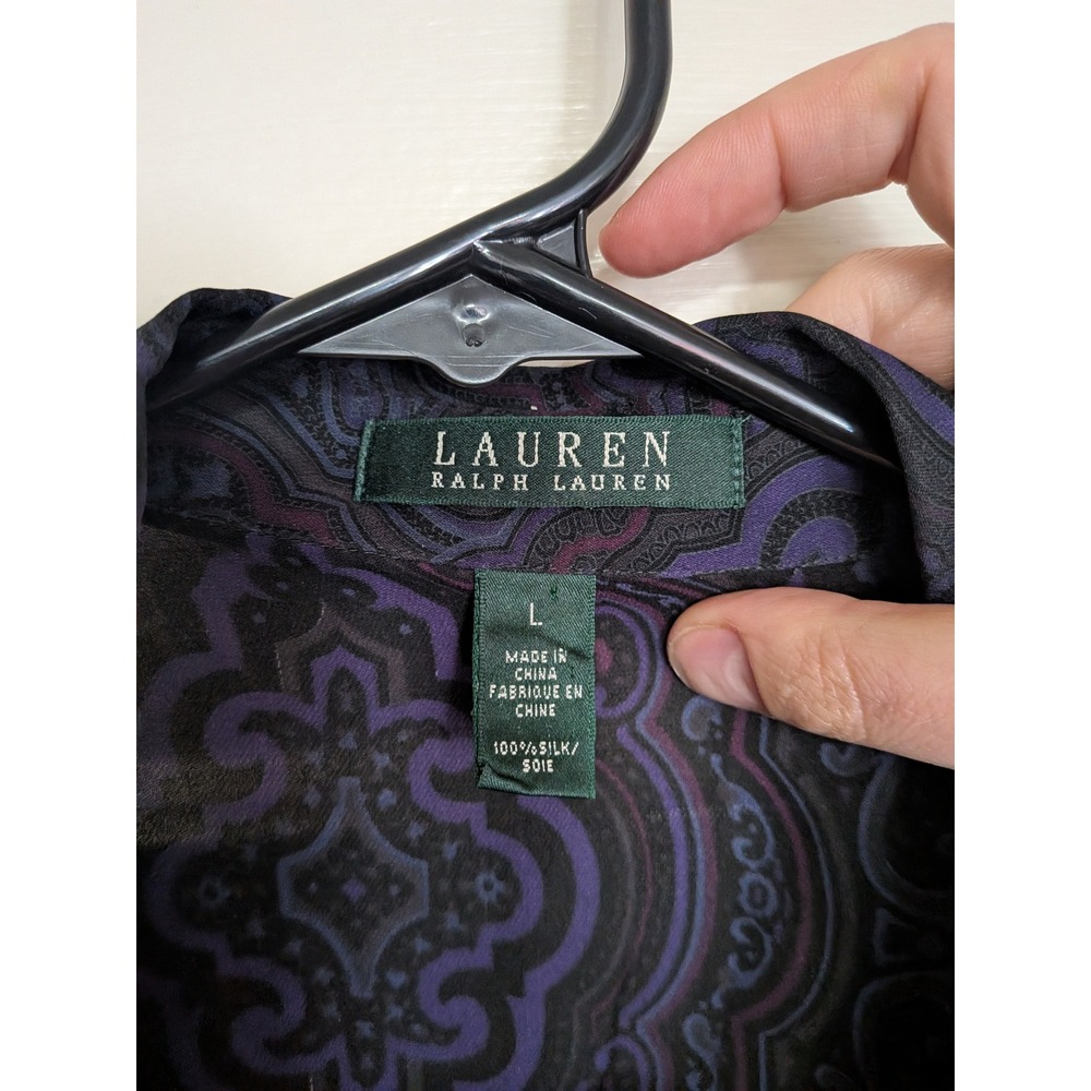 Lauren Ralph Lauren Purple Black Paisley 100% Silk Ruffle Front Blouse Large - Picture 2 of 9